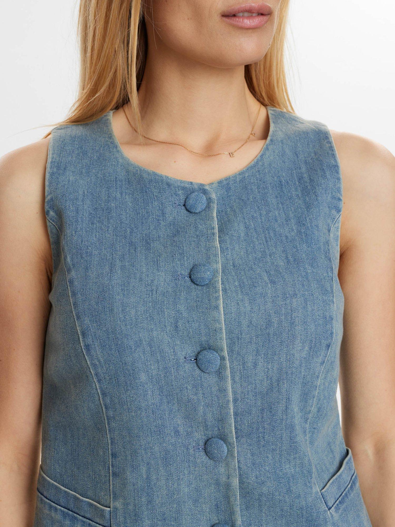 Product image 4 of 7, which shows Numph Round Neck Denim Waistcoat, Blue, 34