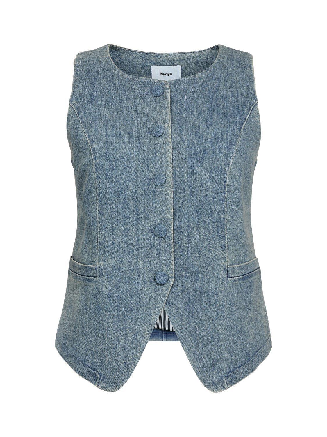 Product image 6 of 7, which shows Numph Round Neck Denim Waistcoat, Blue, 34