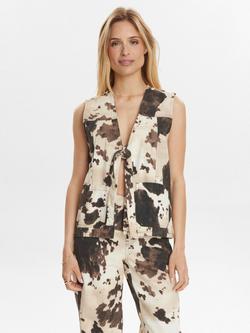Numph Cow Print Tie Front Top, Brown/White, Brown/White