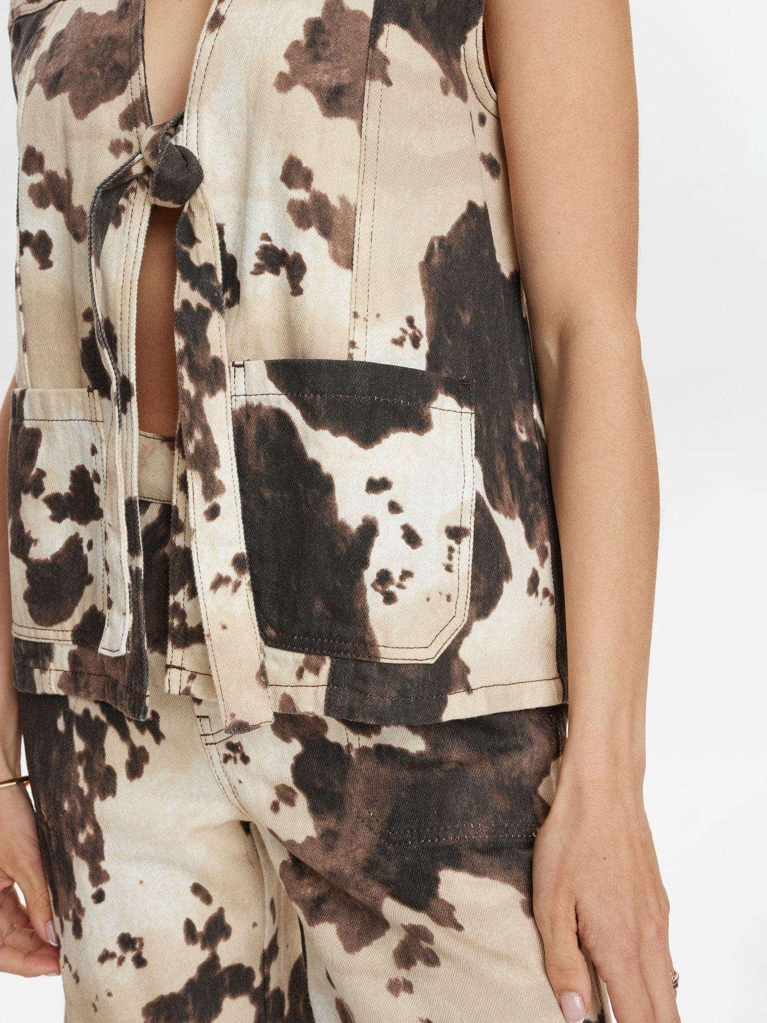 Product image 4 of 7, which shows Numph Cow Print Tie Front Top, Brown/White, 34