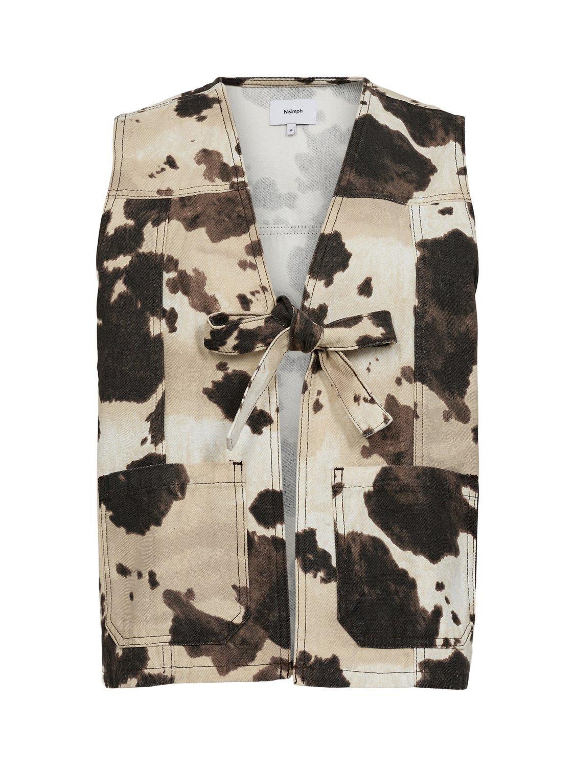 Product image 6 of 7, which shows Numph Cow Print Tie Front Top, Brown/White, 34