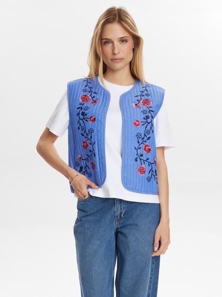 Numph Jodie Embroidered Floral Gilet, Blue/Multi, Blue/Multi