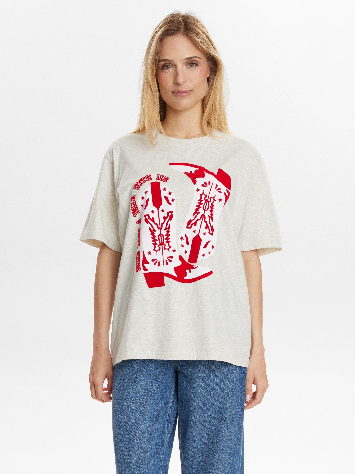 Product image 1 of 7, which shows Numph Western Cowboy Boots T-Shirt, Cream/Red, XS