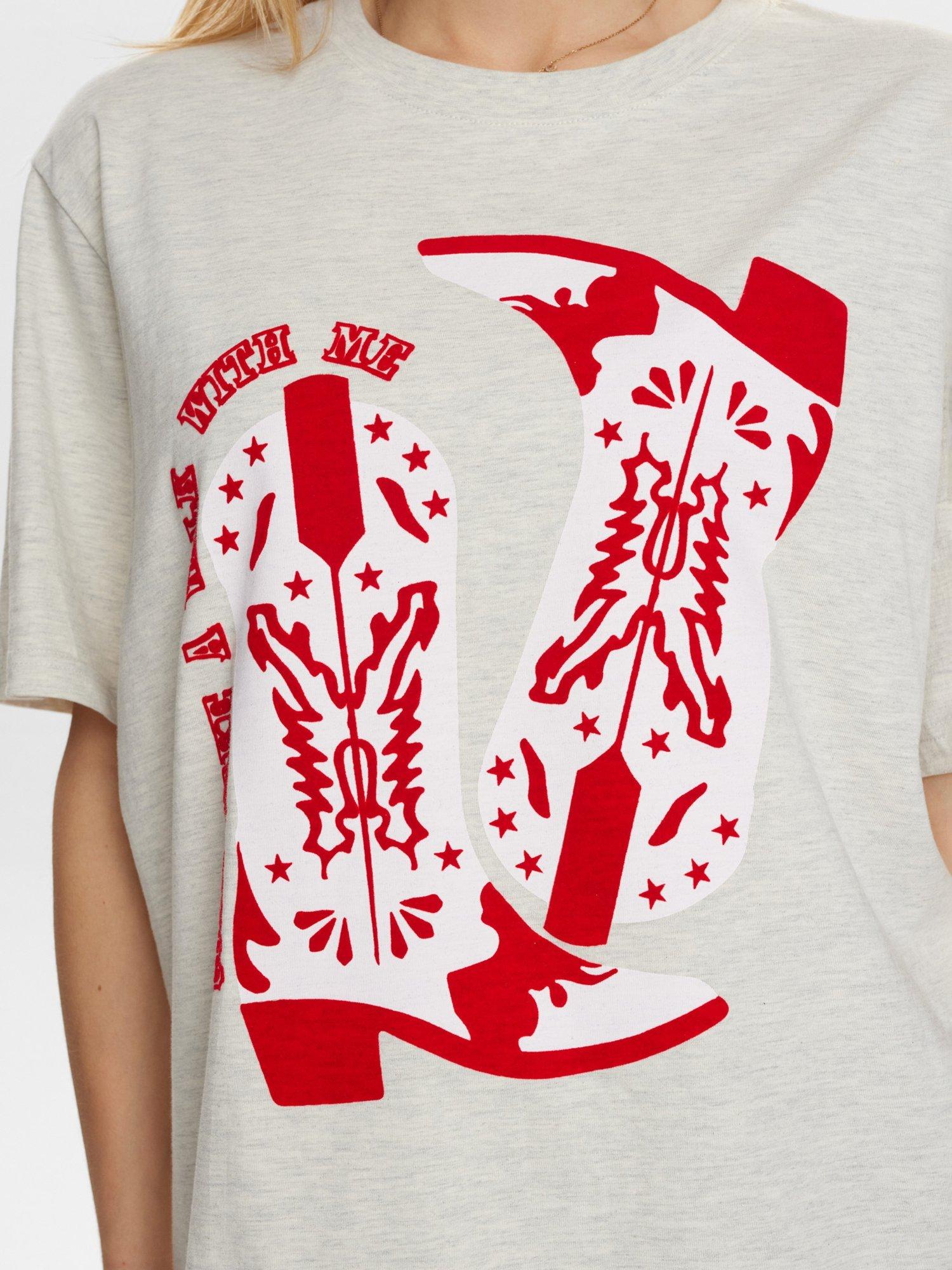 Product image 4 of 7, which shows Numph Western Cowboy Boots T-Shirt, Cream/Red, XS