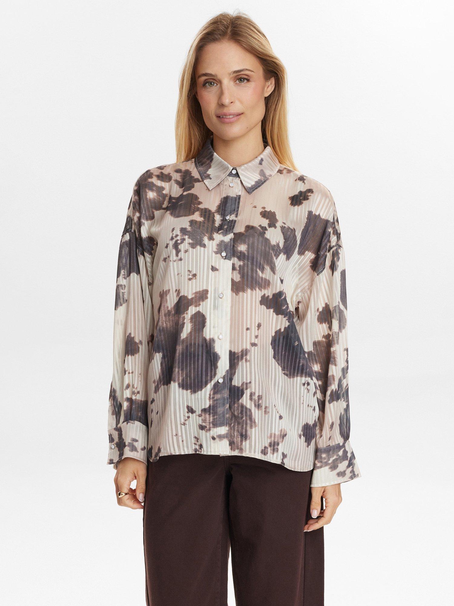 Product image 1 of 7, which shows Numph Abstract Print Shirt, Grey/Brown, XS-S