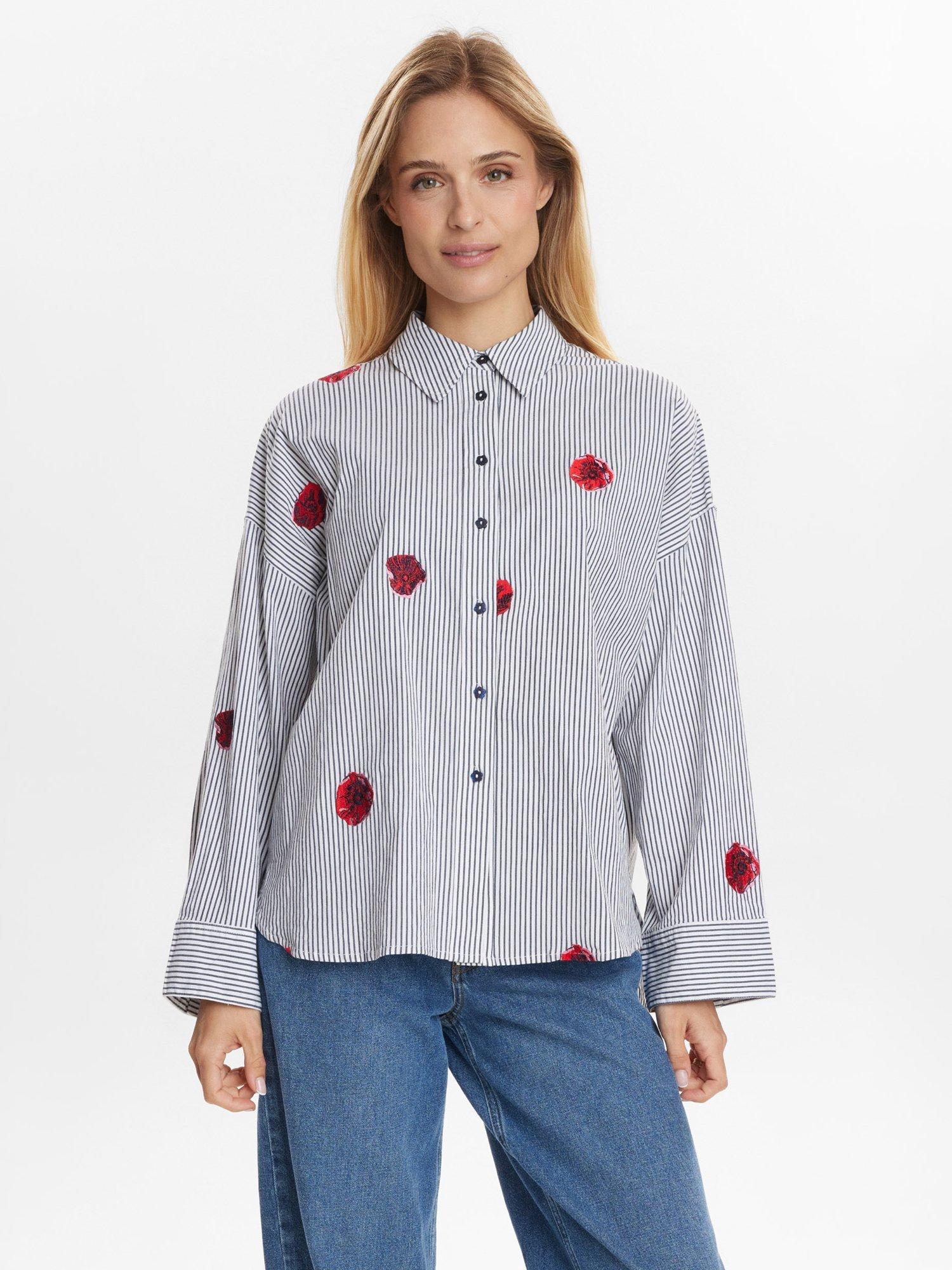 Product image 1 of 7, which shows Numph Tillie Stripe Floral Shirt, Blue/Multi, XS-S