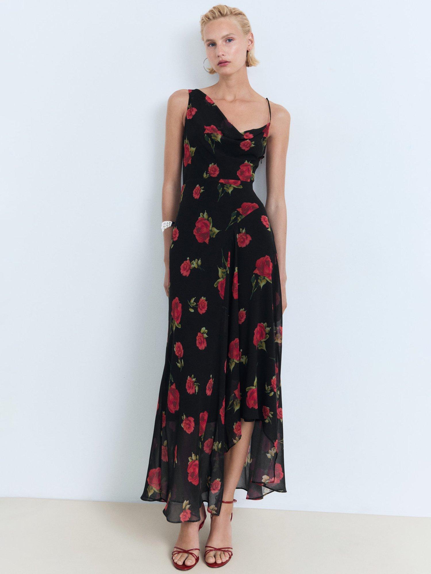 Product image 1 of 9, which shows Mango Rosa Rose Print Asymmetric Dress, Black, 10