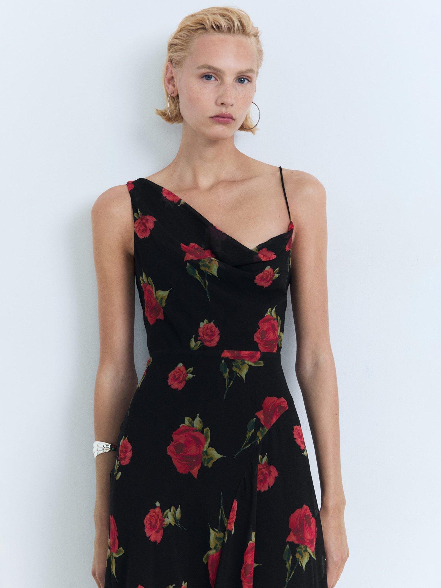 Product image 2 of 9, which shows Mango Rosa Rose Print Asymmetric Dress, Black, 10