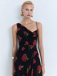 Mango Rosa Rose Print Asymmetric Dress, Black