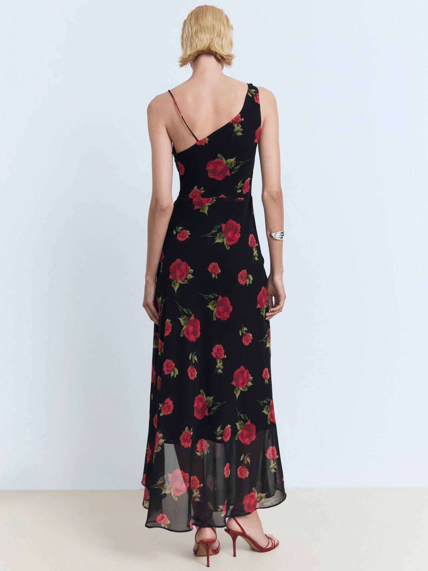 Product image 3 of 9, which shows Mango Rosa Rose Print Asymmetric Dress, Black, 10