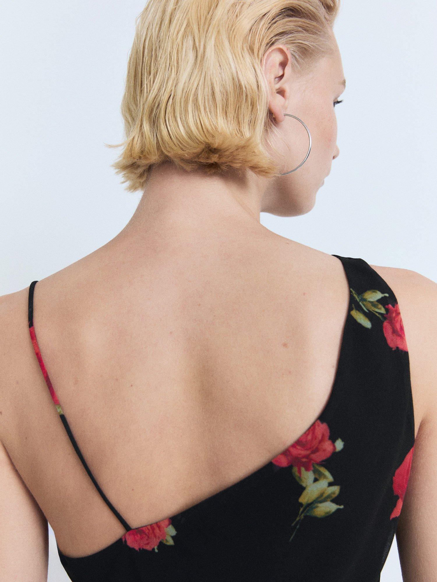 Product image 4 of 9, which shows Mango Rosa Rose Print Asymmetric Dress, Black, 10