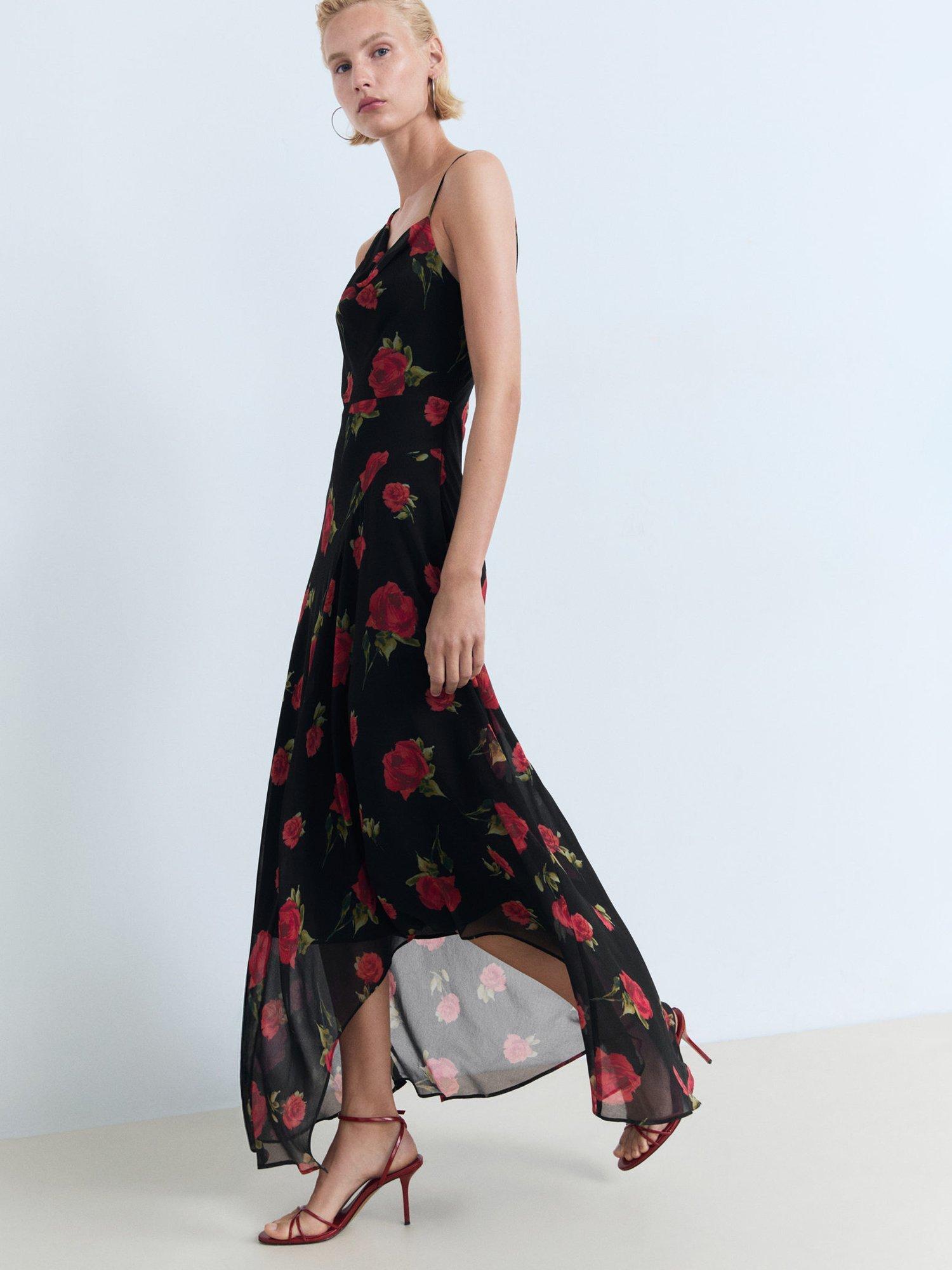 Product image 5 of 9, which shows Mango Rosa Rose Print Asymmetric Dress, Black, 10
