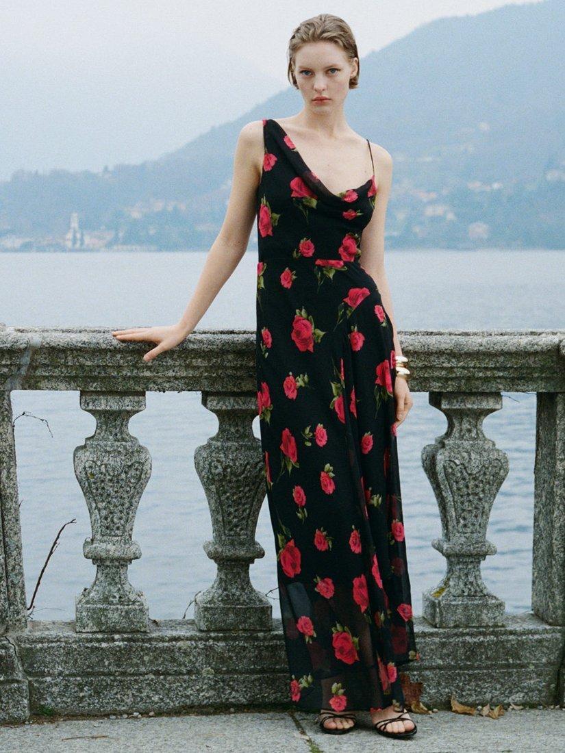 Product image 6 of 9, which shows Mango Rosa Rose Print Asymmetric Dress, Black, 10