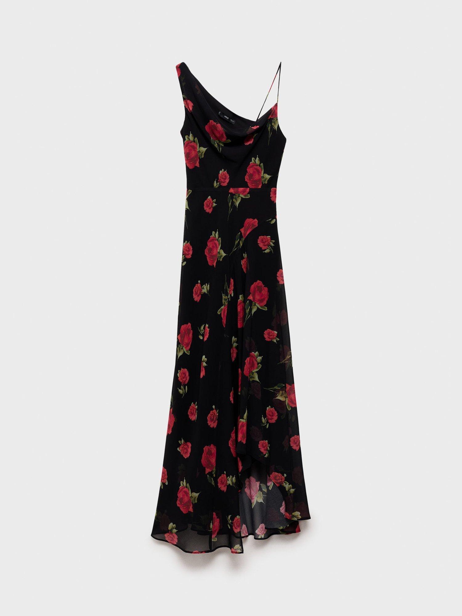 Product image 8 of 9, which shows Mango Rosa Rose Print Asymmetric Dress, Black, 10