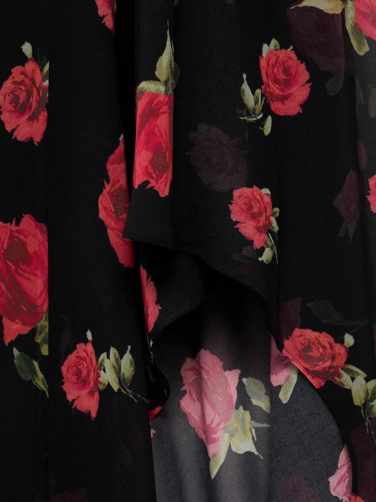 Product image 9 of 9, which shows Mango Rosa Rose Print Asymmetric Dress, Black, 10