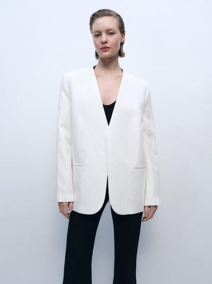 Mango Wasabi Curved Hem Blazer, Light Beige, Light Beige