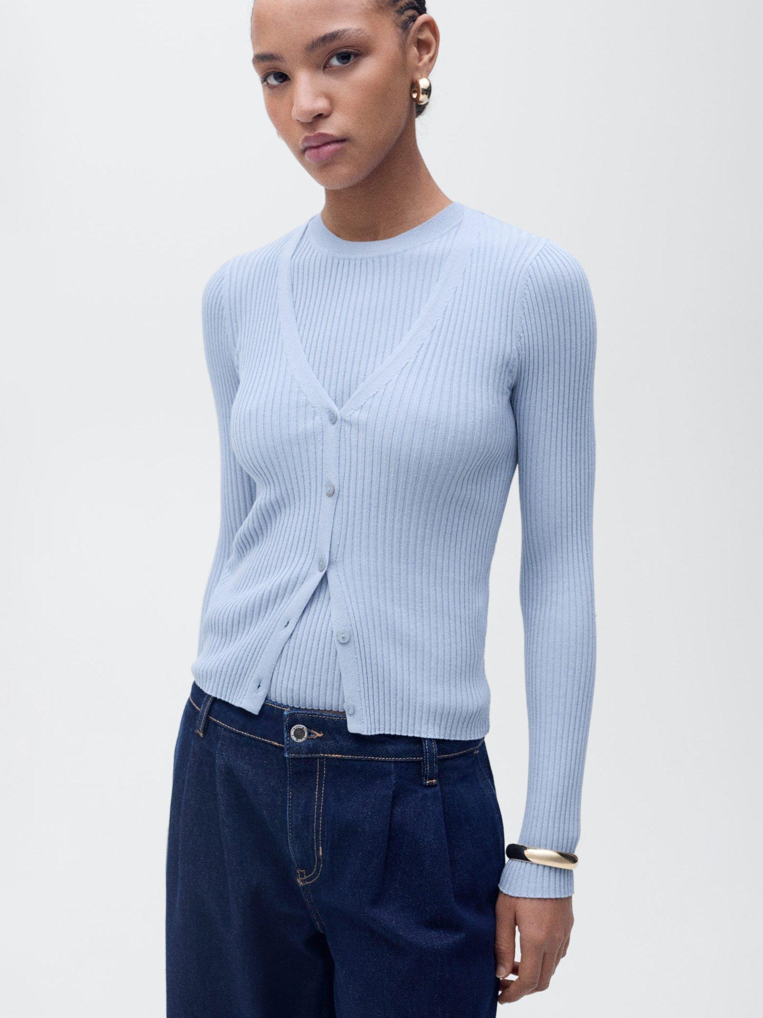 Mango Bugambi Ribbed Cardigan, Light Pastel Blue