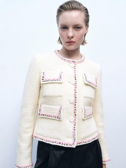 Mango Fresnat Cotton Blend Tweed Jacket, Light Beige, Light Beige