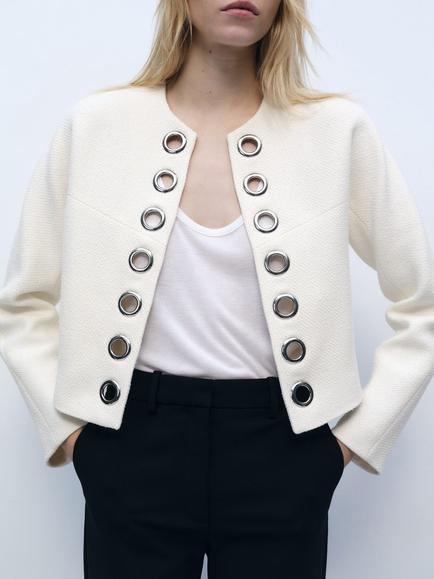 Mango Kiwi Textured Eyelet Front Jacket, White, White