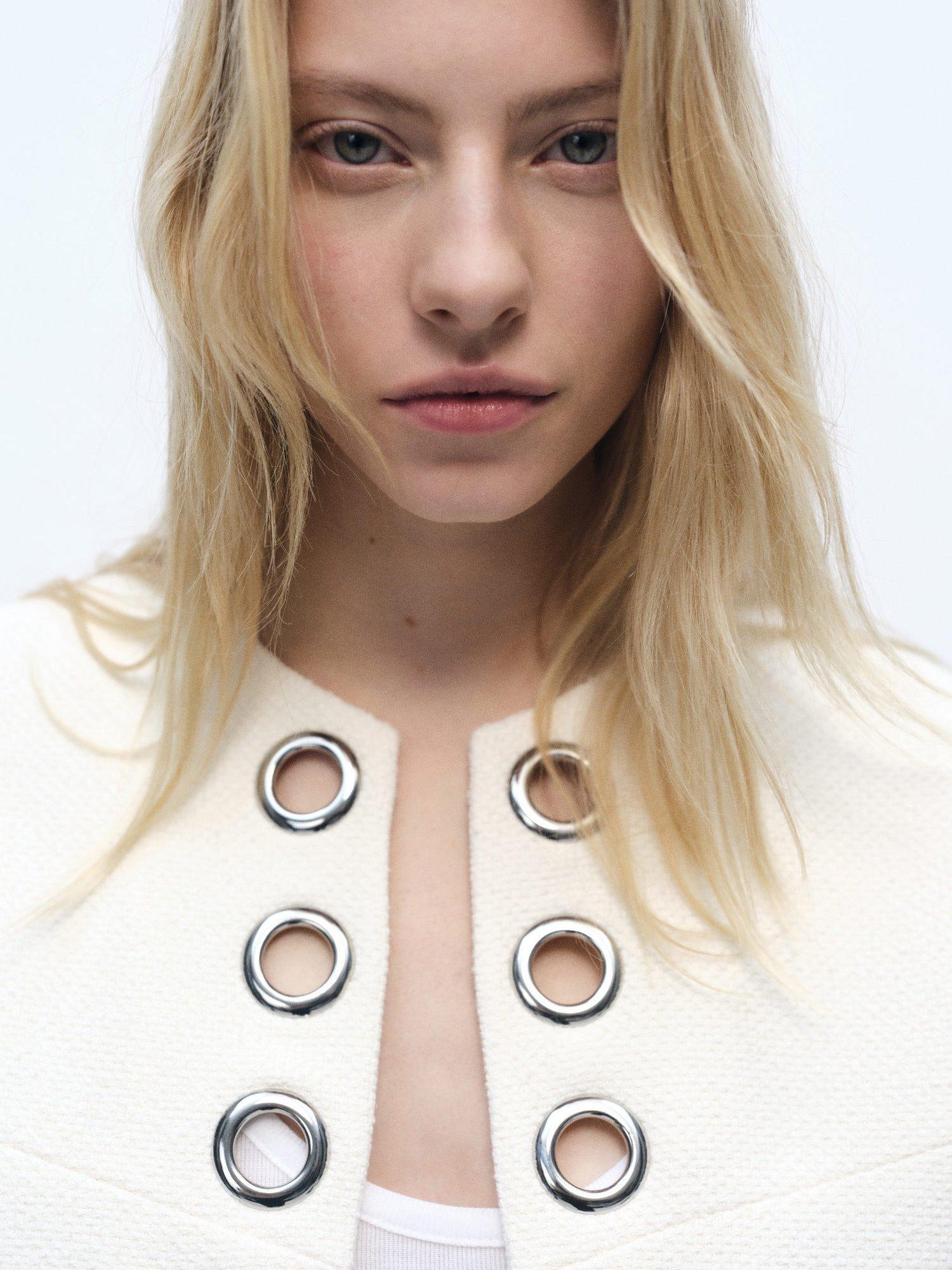 Product image 6 of 7, which shows Mango Kiwi Textured Eyelet Front Jacket, White, L