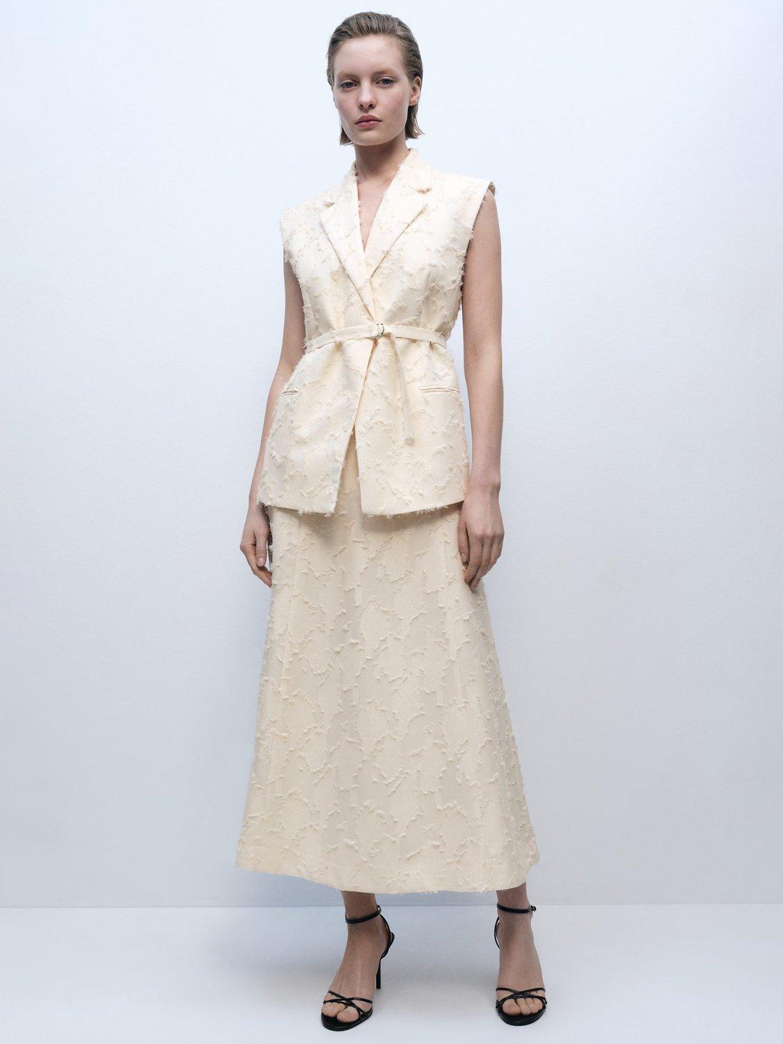 Product image 2 of 8, which shows Mango Floc Textured Waistcoat, Cream, S