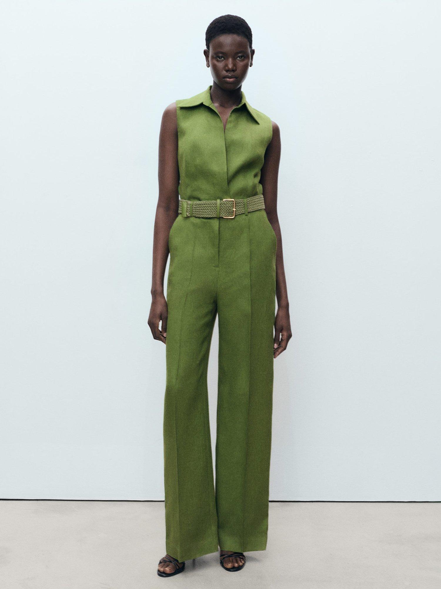 Product image 1 of 7, which shows Mango Nana Belted Pure Linen Jumpsuit, Green, XS