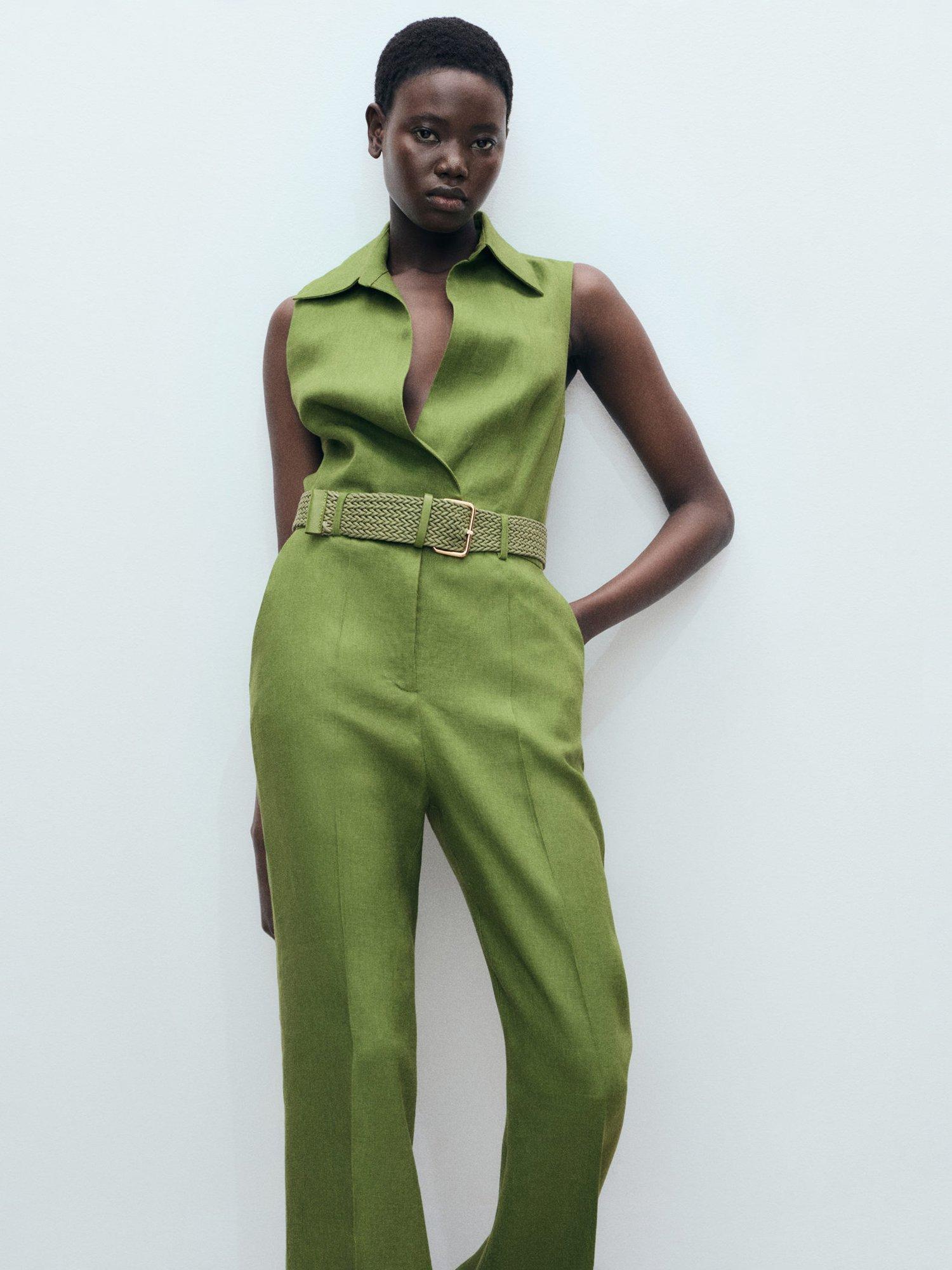 Product image 3 of 7, which shows Mango Nana Belted Pure Linen Jumpsuit, Green, XS