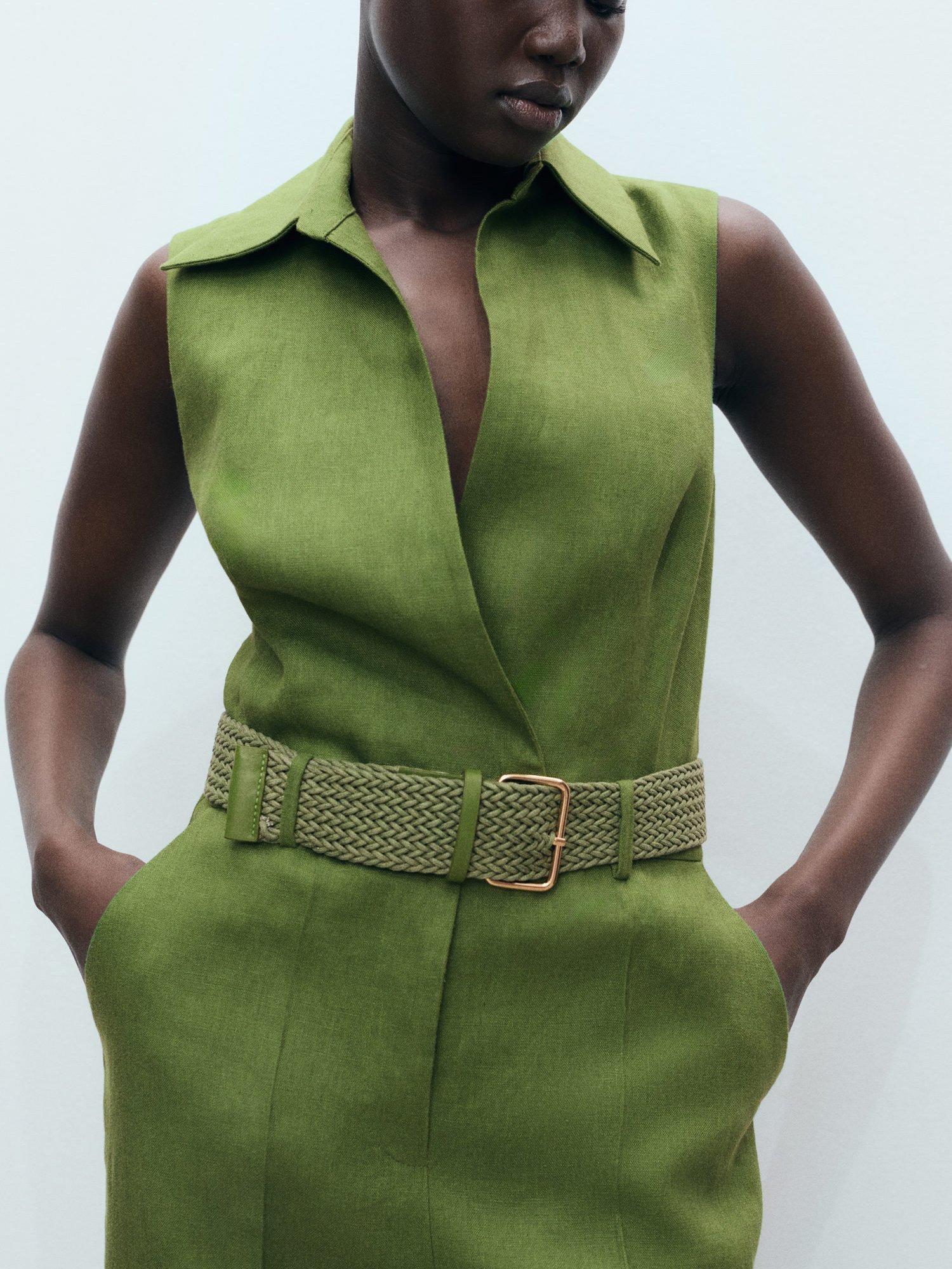 Product image 4 of 7, which shows Mango Nana Belted Pure Linen Jumpsuit, Green, XS