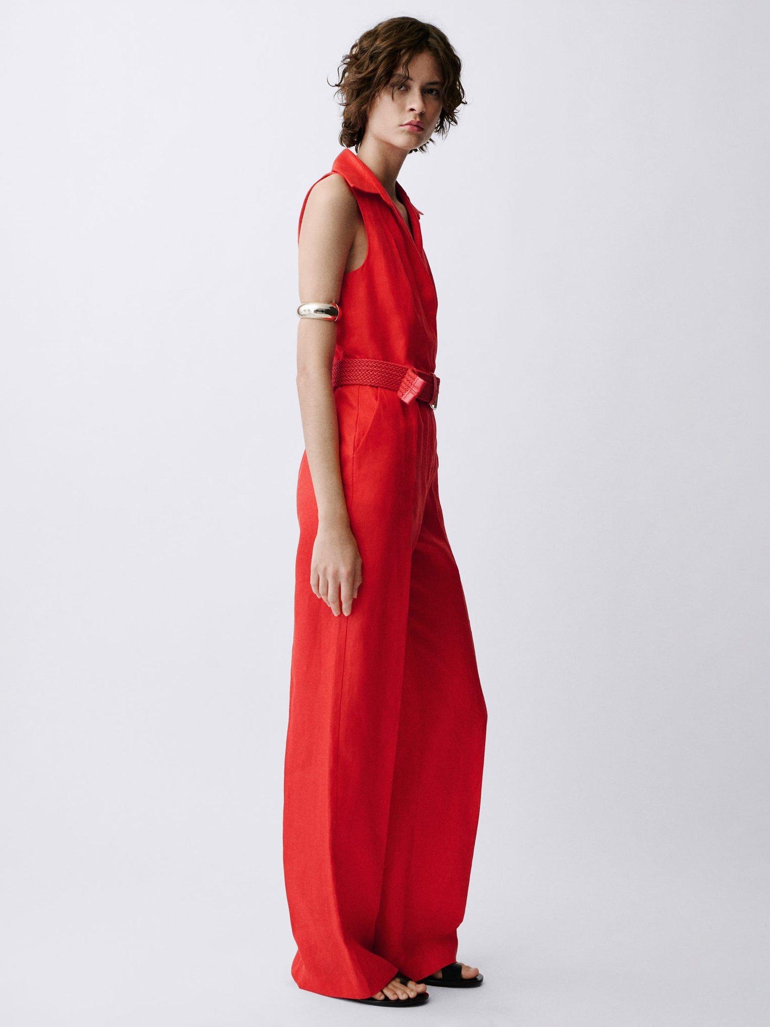 Product image 6 of 8, which shows Mango Nana Linen Shirt Jumpsuit, Red, S