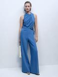 Mango Padam Belted Wide Leg Jumpsuit, Medium Blue