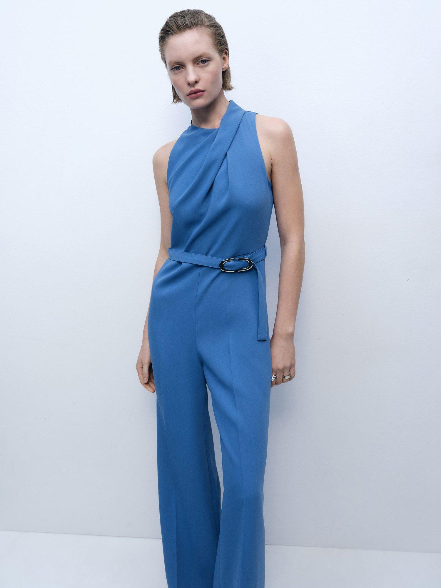 Product image 2 of 8, which shows Mango Padam Belted Wide Leg Jumpsuit, Medium Blue, L