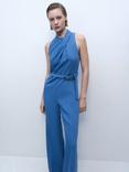 Mango Padam Belted Wide Leg Jumpsuit, Medium Blue