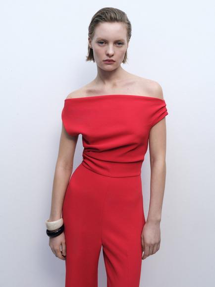 Mango Yes Off Shoulder Playsuit, Red - view 2, Red