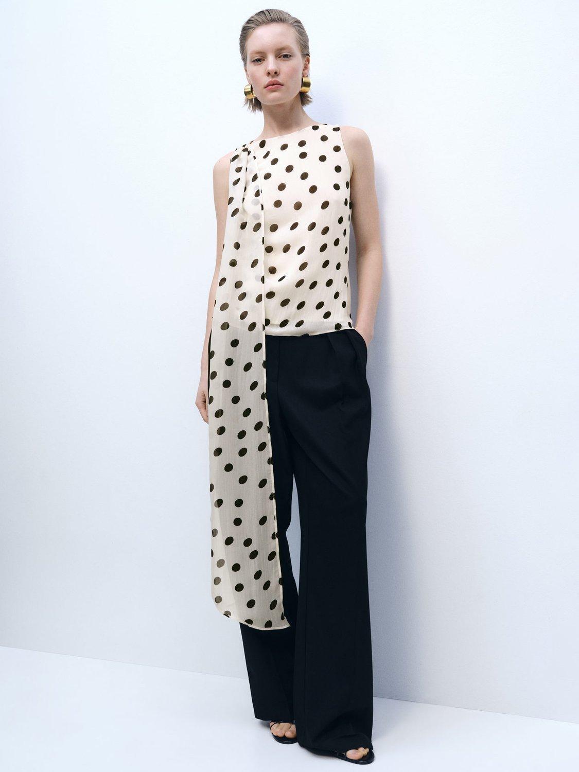 Product image 2 of 8, which shows Mango Adela Polka Dot Tie Neck Top, Cream/Black, 12
