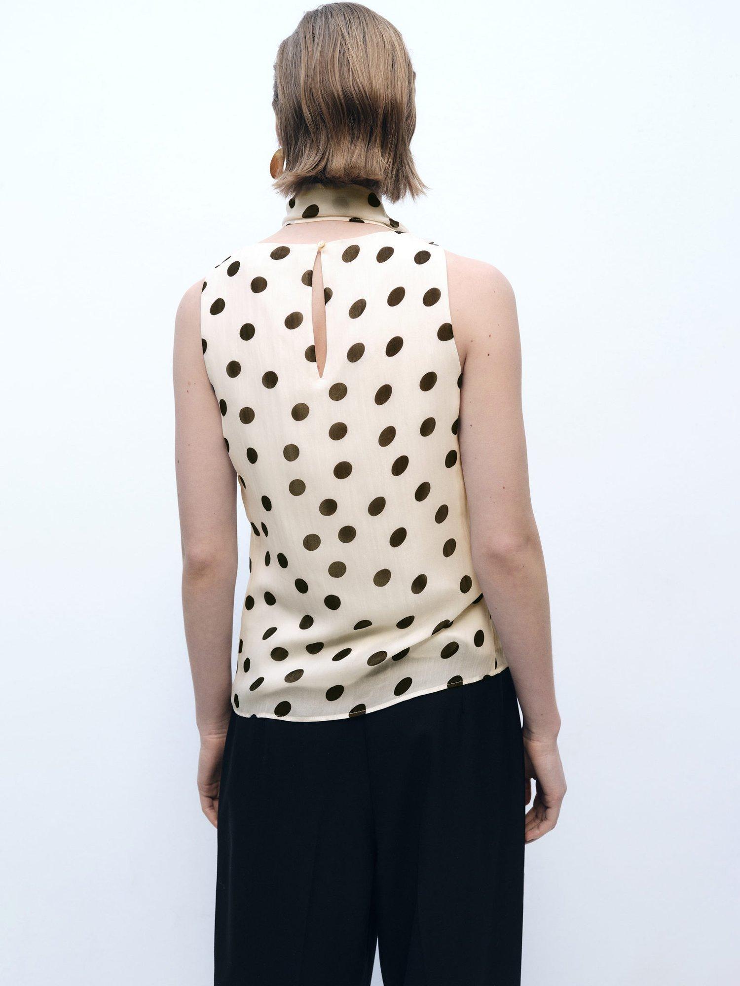 Product image 4 of 8, which shows Mango Adela Polka Dot Tie Neck Top, Cream/Black, 12