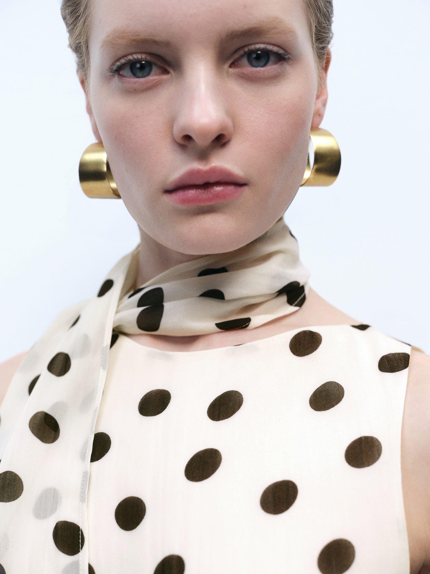 Product image 6 of 8, which shows Mango Adela Polka Dot Tie Neck Top, Cream/Black, 12