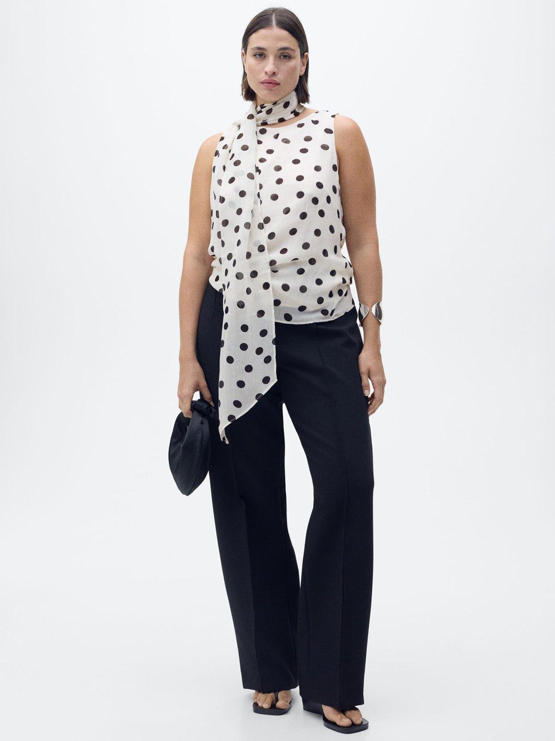 Product image 7 of 8, which shows Mango Adela Polka Dot Tie Neck Top, Cream/Black, 12
