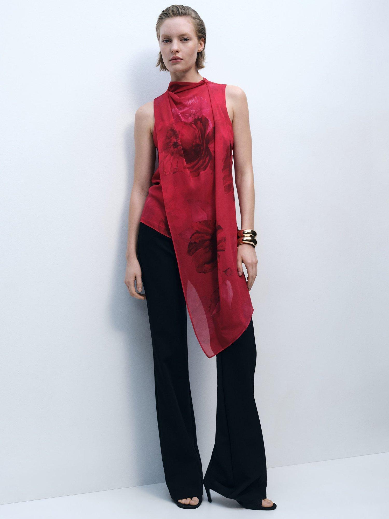 Product image 2 of 8, which shows Mango Amapola Floral Scarf Neck Top, Red, 10