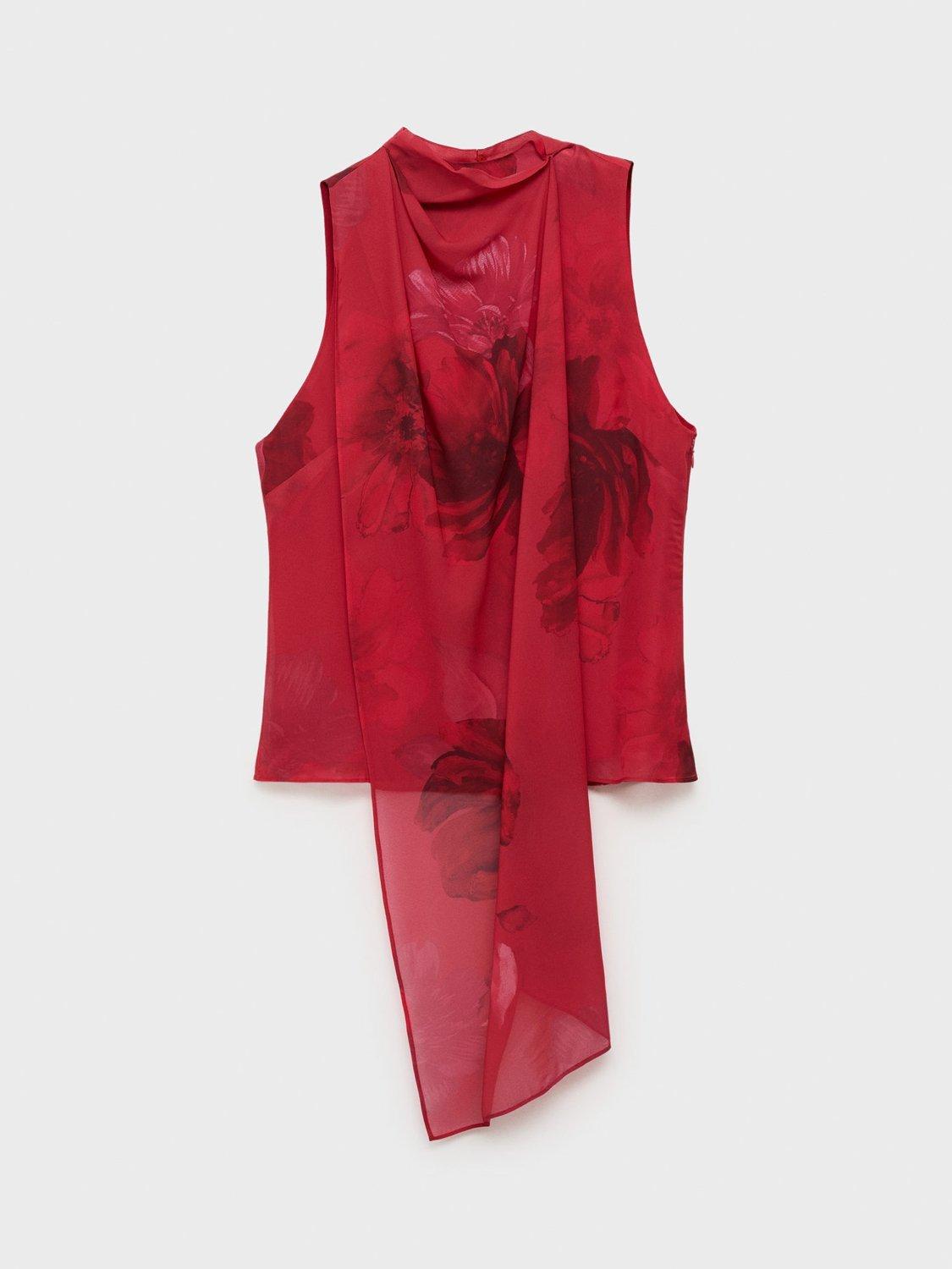 Product image 3 of 8, which shows Mango Amapola Floral Scarf Neck Top, Red, 10