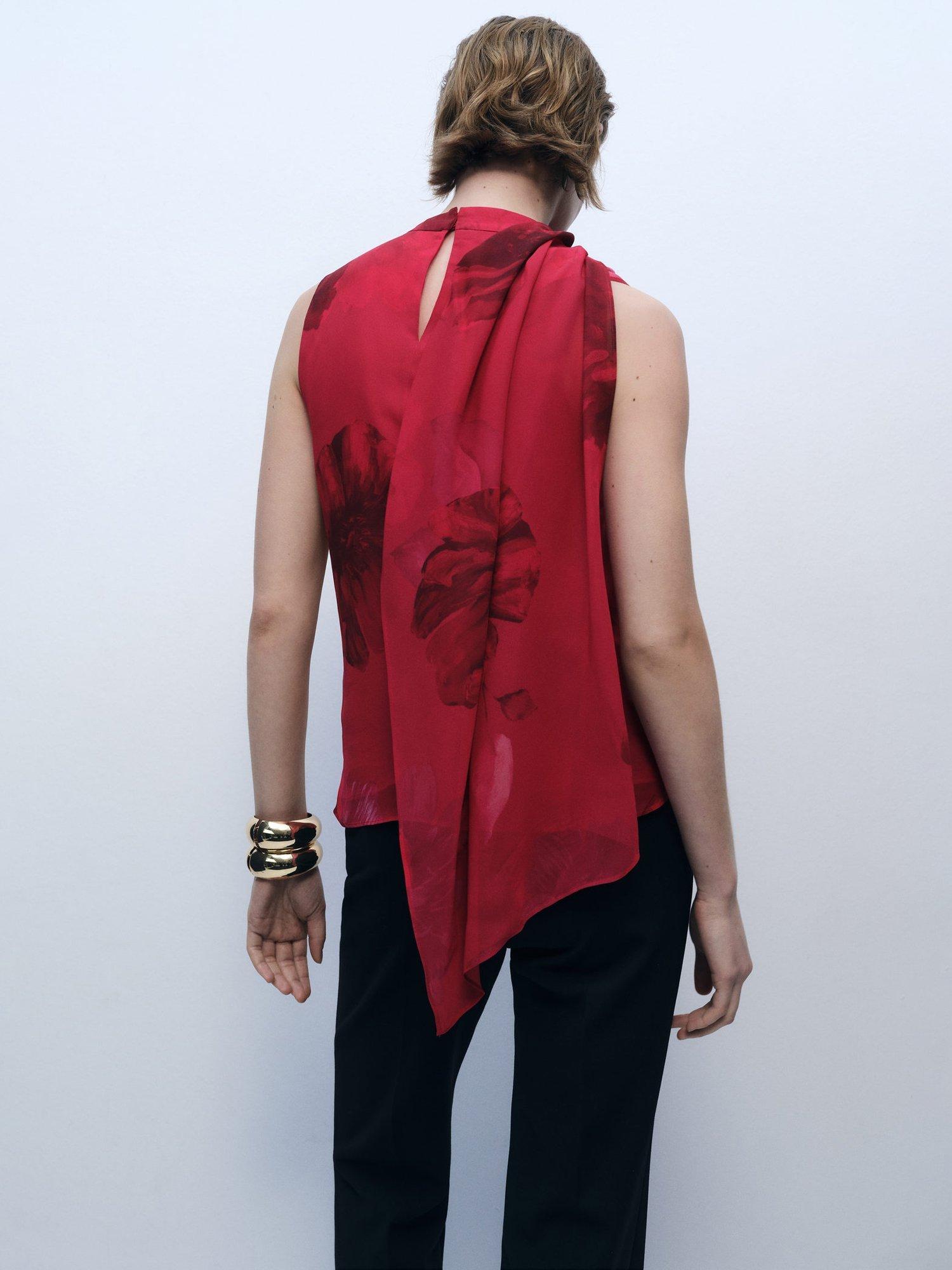 Product image 4 of 8, which shows Mango Amapola Floral Scarf Neck Top, Red, 10