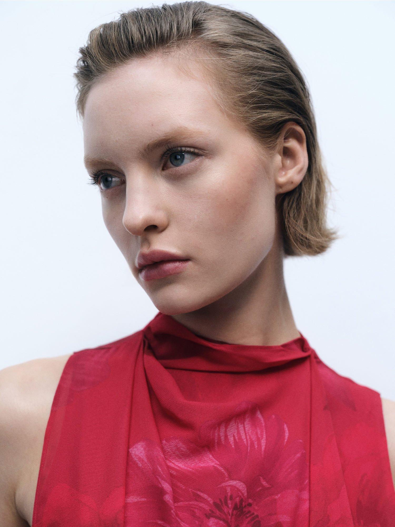 Product image 6 of 8, which shows Mango Amapola Floral Scarf Neck Top, Red, 10