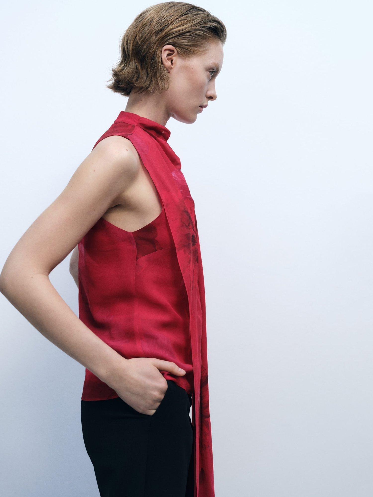Product image 7 of 8, which shows Mango Amapola Floral Scarf Neck Top, Red, 10