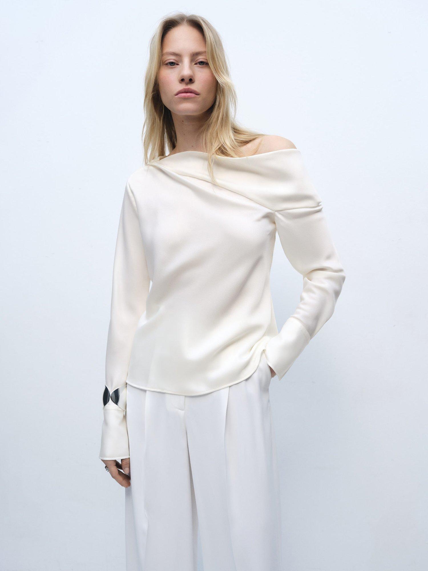 Product image 1 of 8, which shows Mango Manuela Draped Neck Long Sleeve Satin Top, Natural White, 12