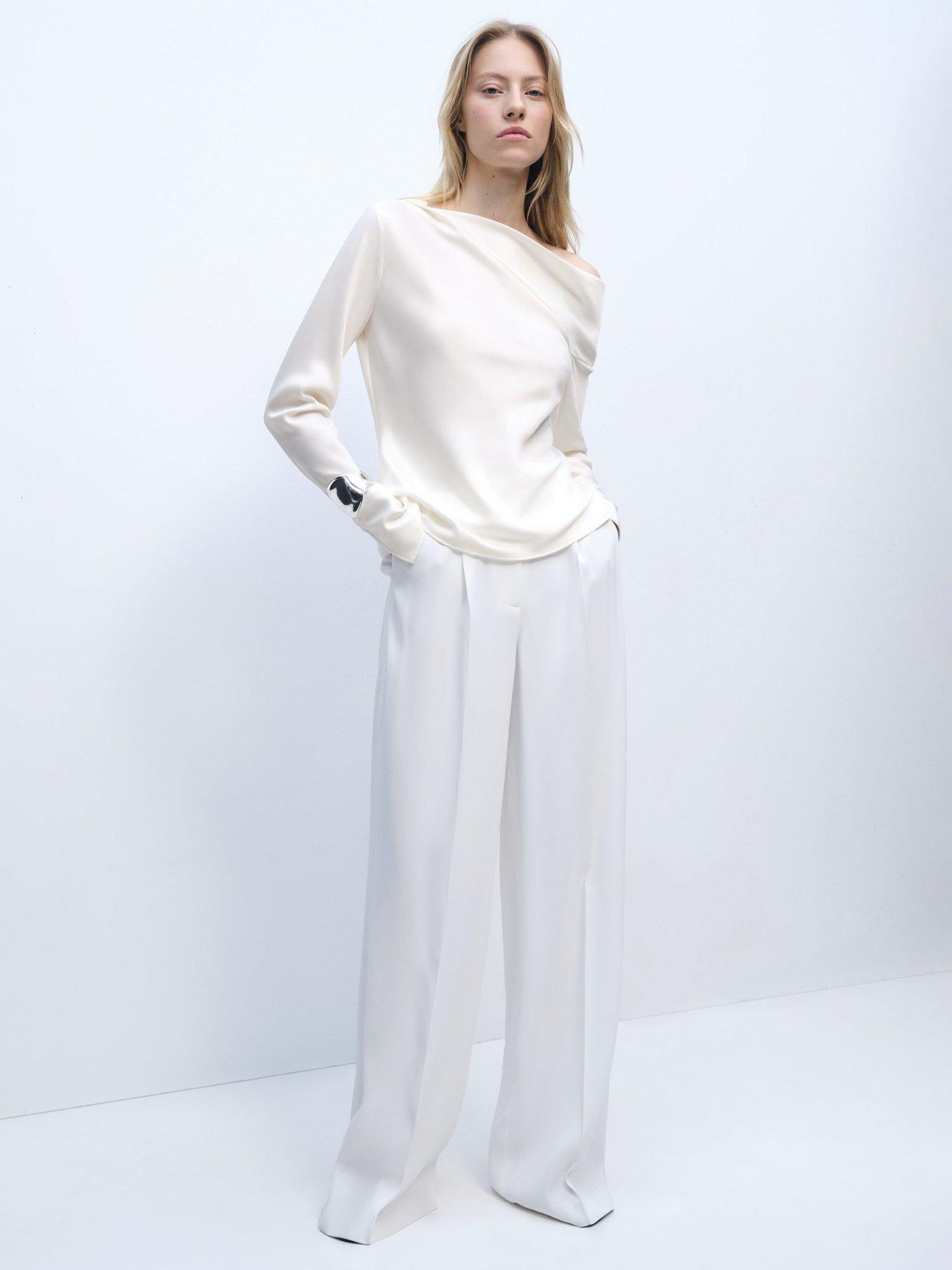 Product image 2 of 8, which shows Mango Manuela Draped Neck Long Sleeve Satin Top, Natural White, 12