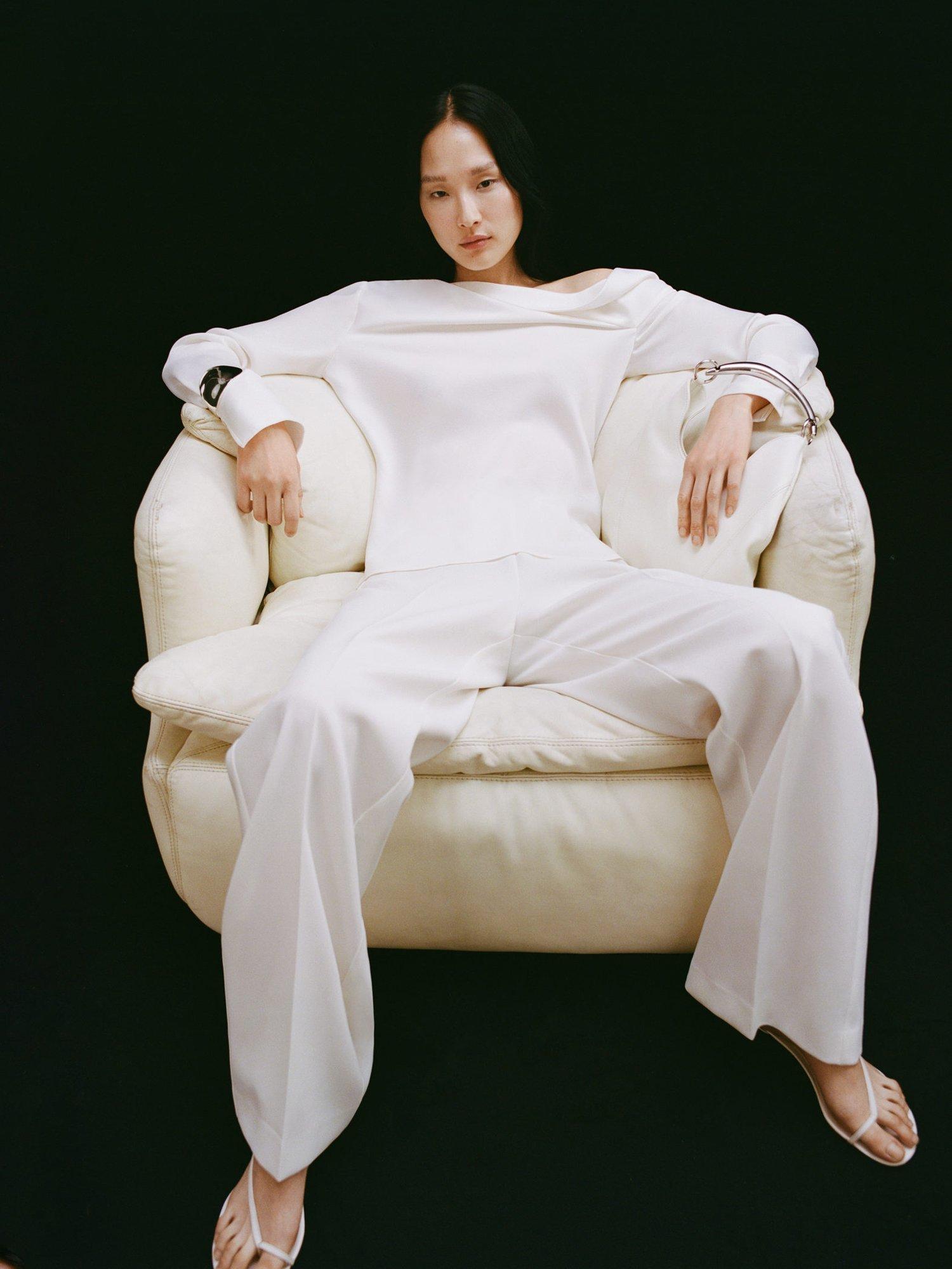 Product image 8 of 8, which shows Mango Manuela Draped Neck Long Sleeve Satin Top, Natural White, 12