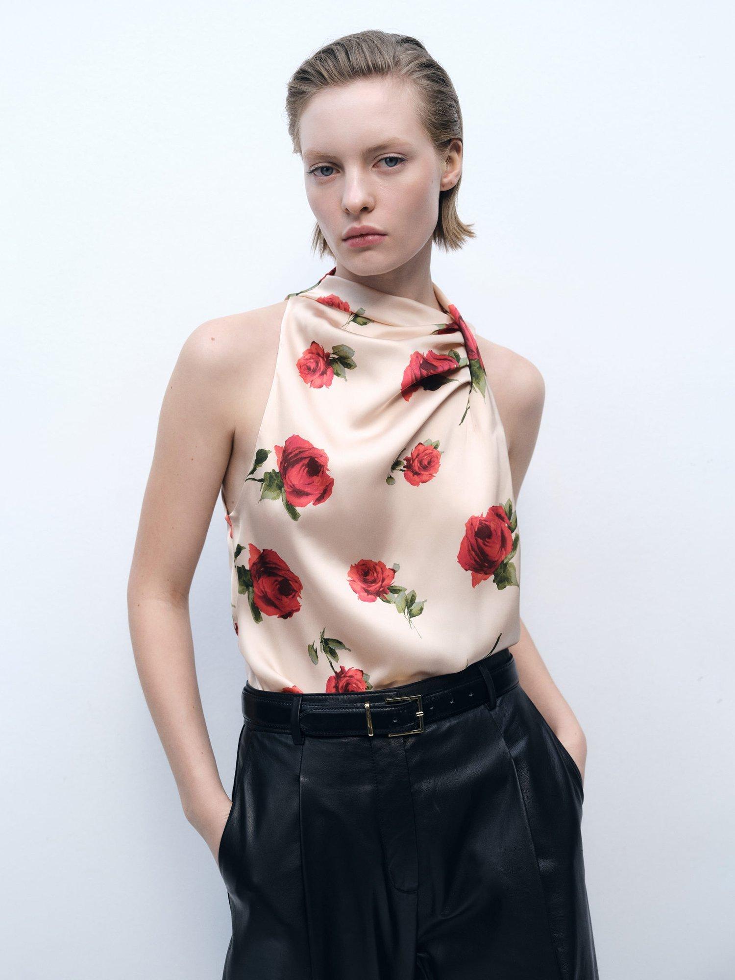 Mango Rose Halterneck Satin Top, Light Beige