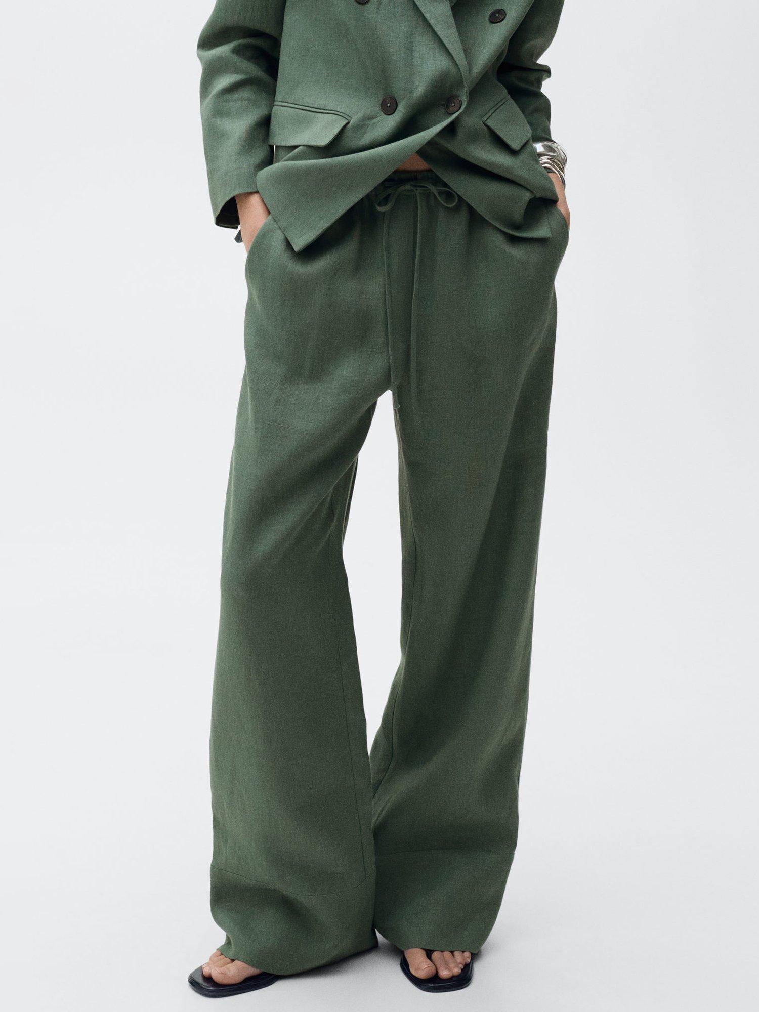 Product image 1 of 8, which shows Mango Musgo Wide Leg Pure Linen Trousers, Medium Green, M