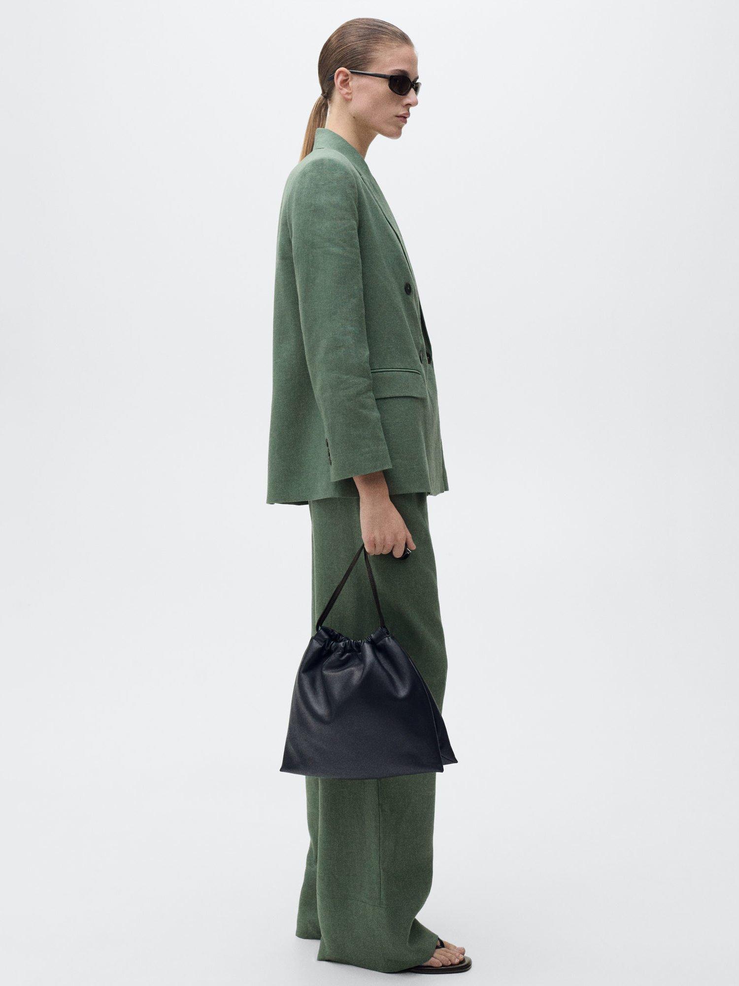 Product image 2 of 8, which shows Mango Musgo Wide Leg Pure Linen Trousers, Medium Green, M
