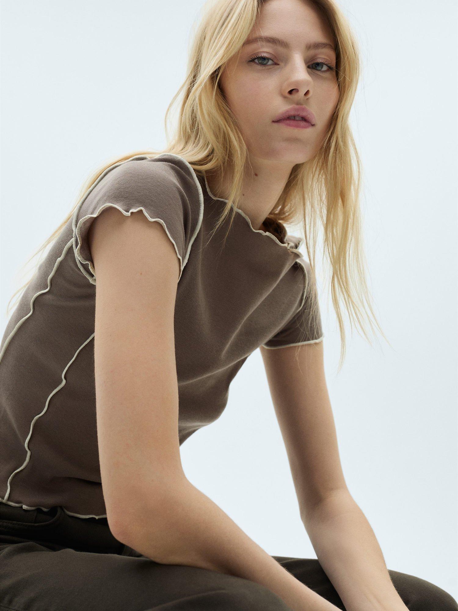 Mango Curlita Cotton Short Sleeved Contrast Trim T-Shirt, Medium Brown