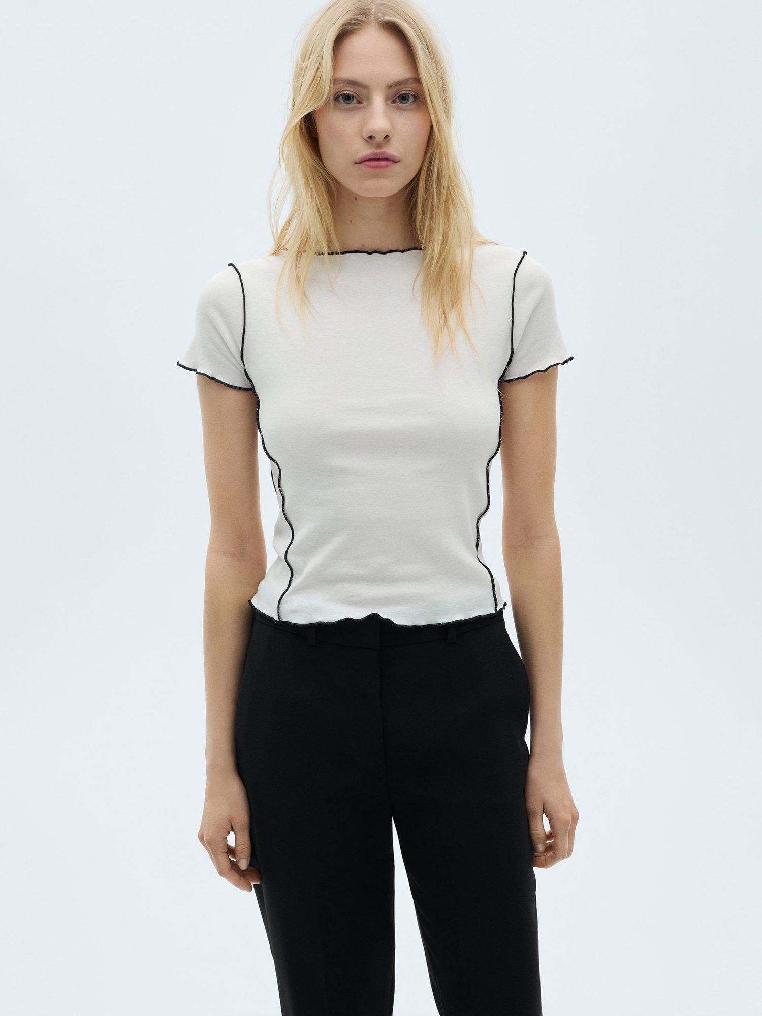 Product image 1 of 7, which shows Mango Curlita Cotton Contrast Trim Top, White, M